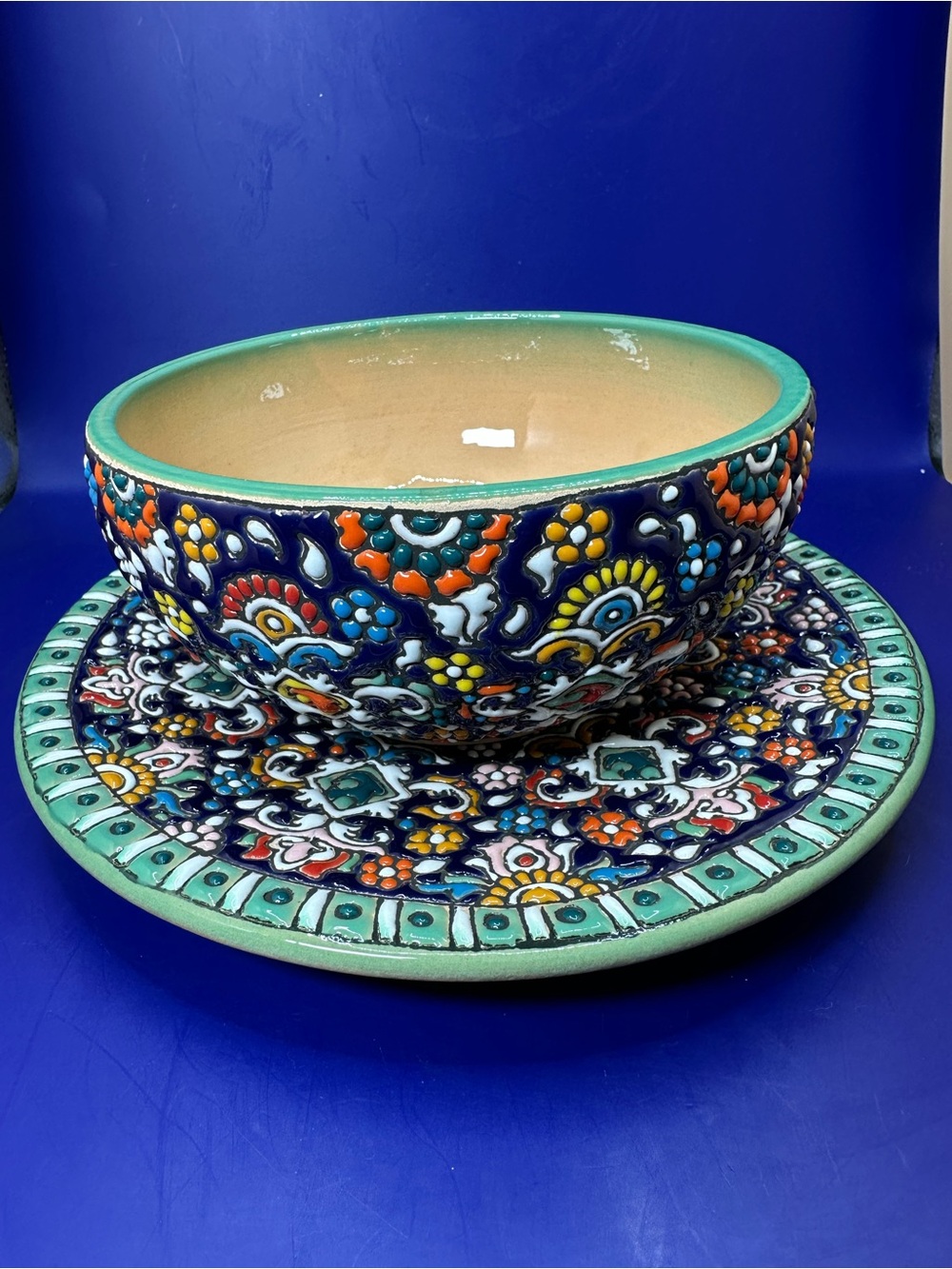 Hand Painted Persian Minakari Enamel On Clay Plate & Bowl.